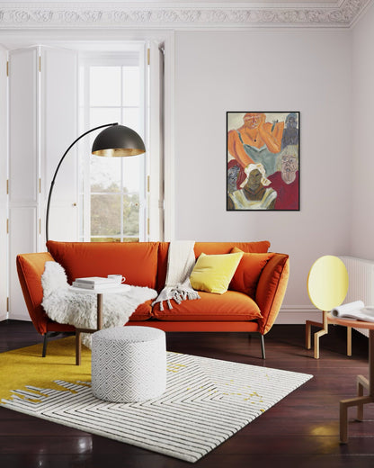 Modern living room with orange sofa, yellow rug, and decorative elements.