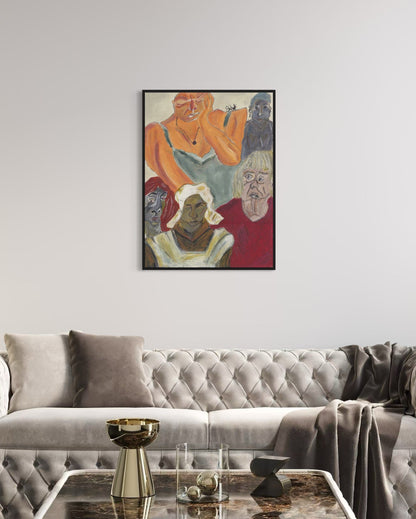 Framed artwork above a gray sofa in a living room setting