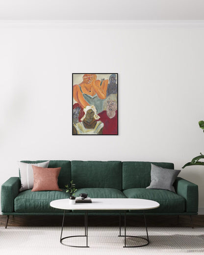 Green sofa with decorative pillows and a coffee table in a living room setting, featuring a colorful abstract painting on the wall.