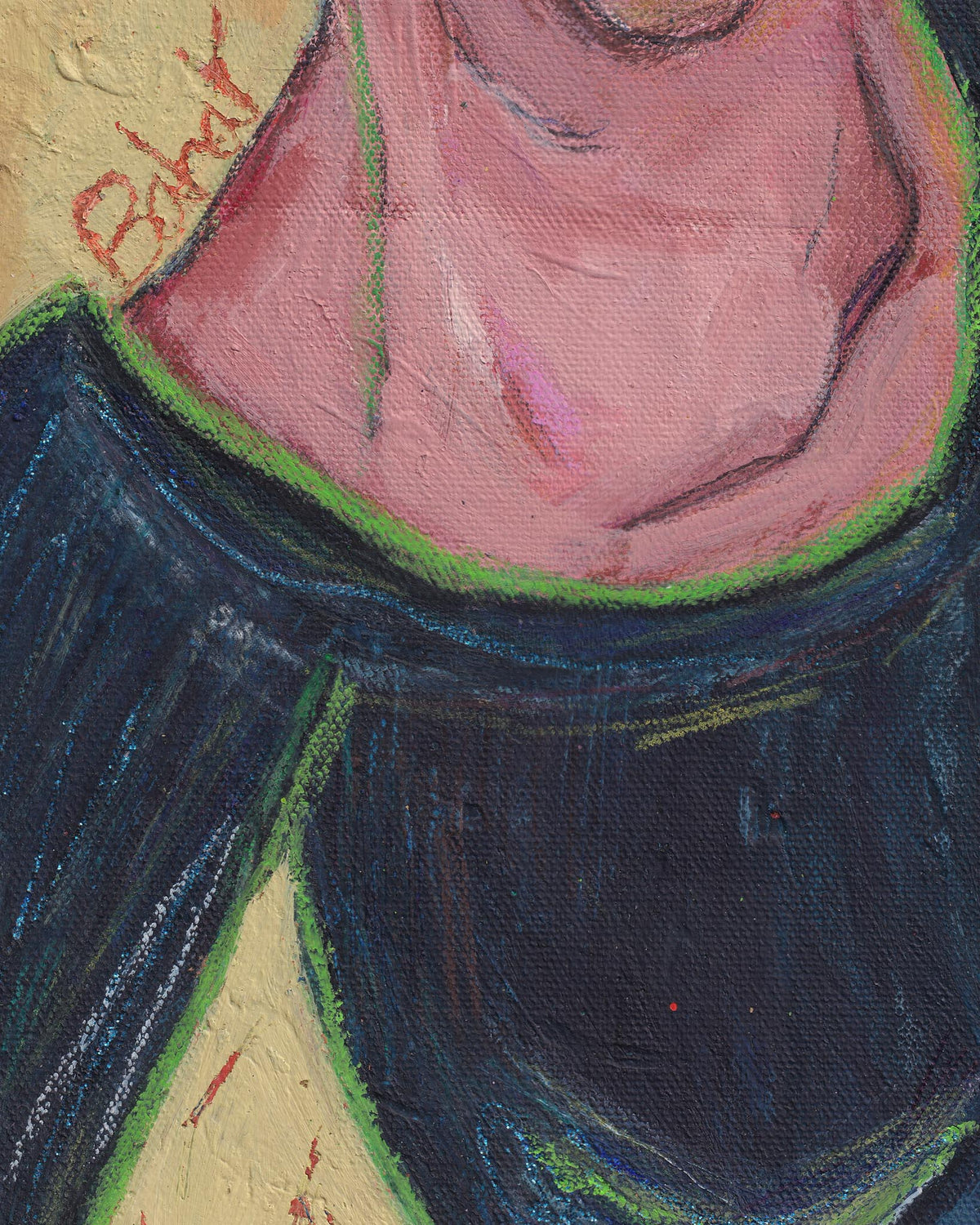 Close-up of a person wearing a dark coat with a blurred background