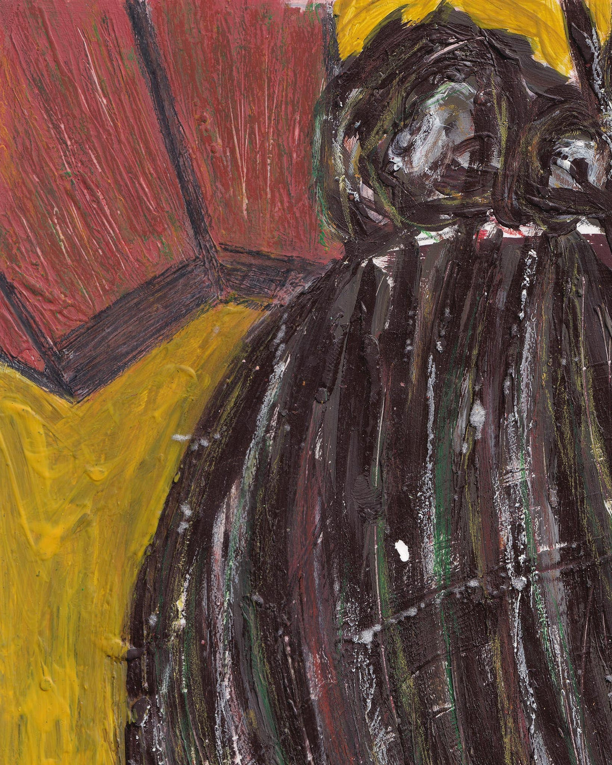 Abstract painting with a dark figure against a red and yellow background