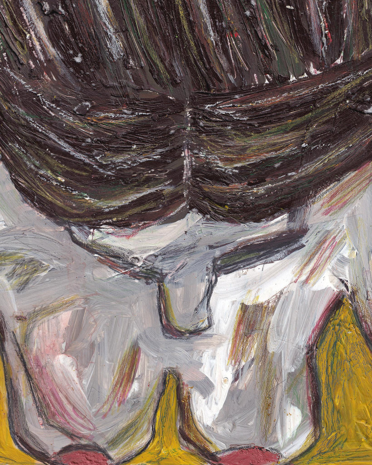 Abstract painting of a face with dark hair and colorful facial features.