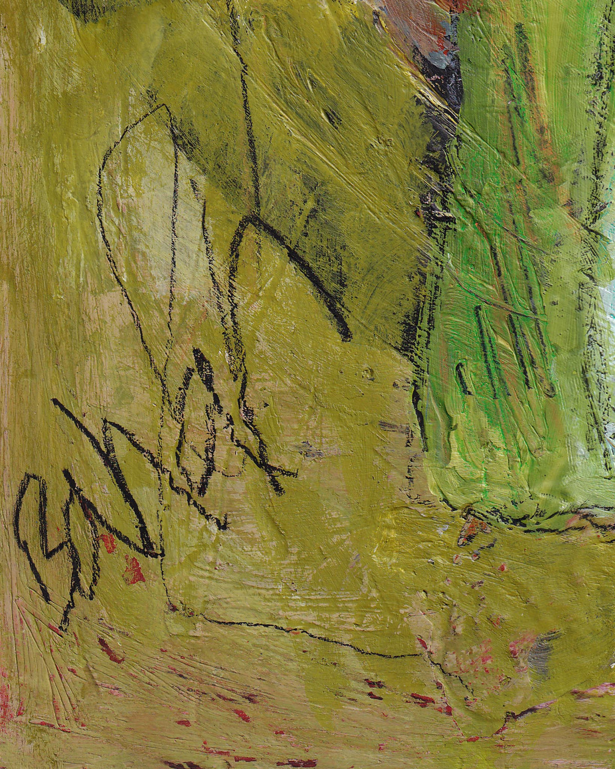 Abstract painting with green and brown tones and a signature in black.