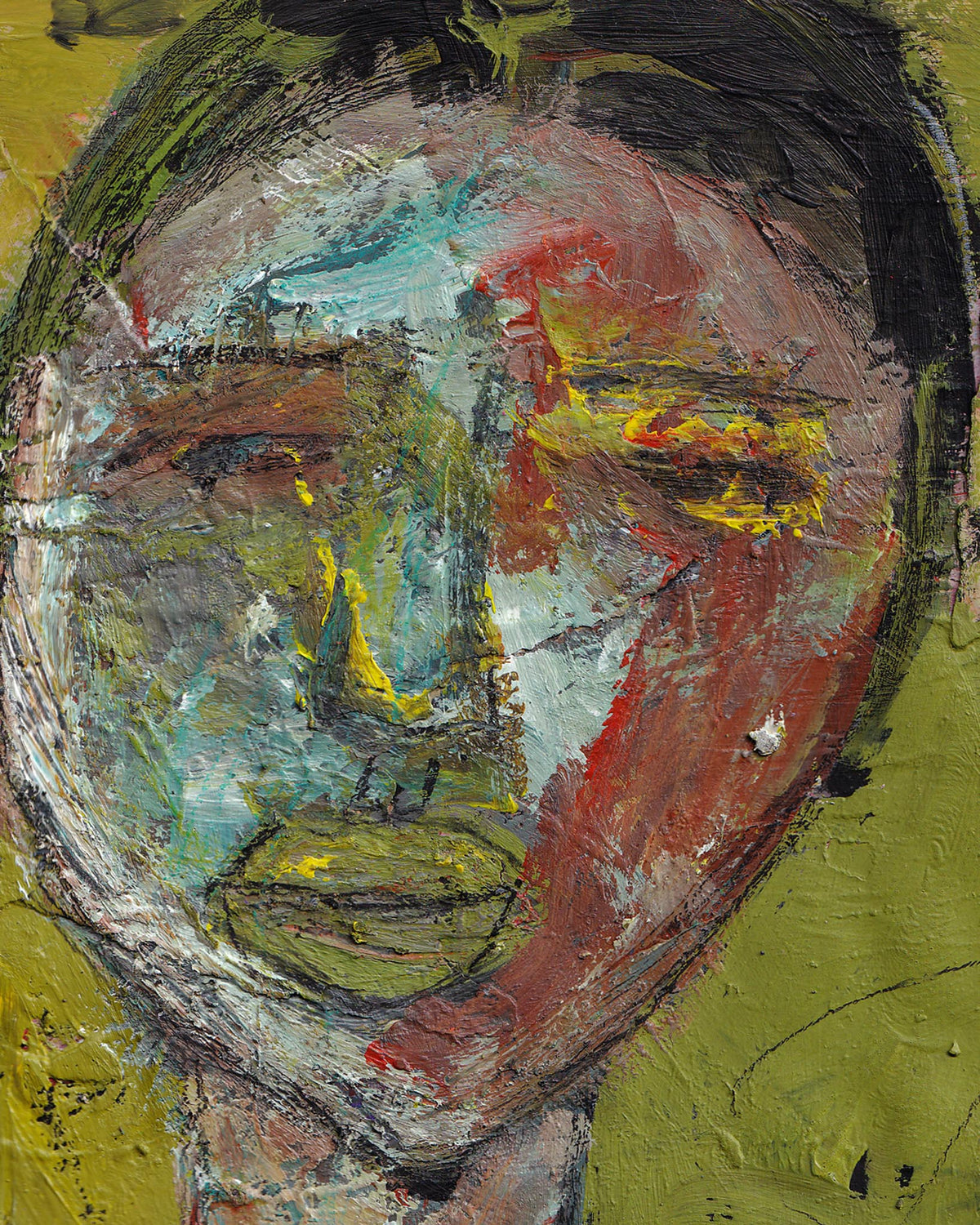 Abstract painting of a face with bold colors on a green background