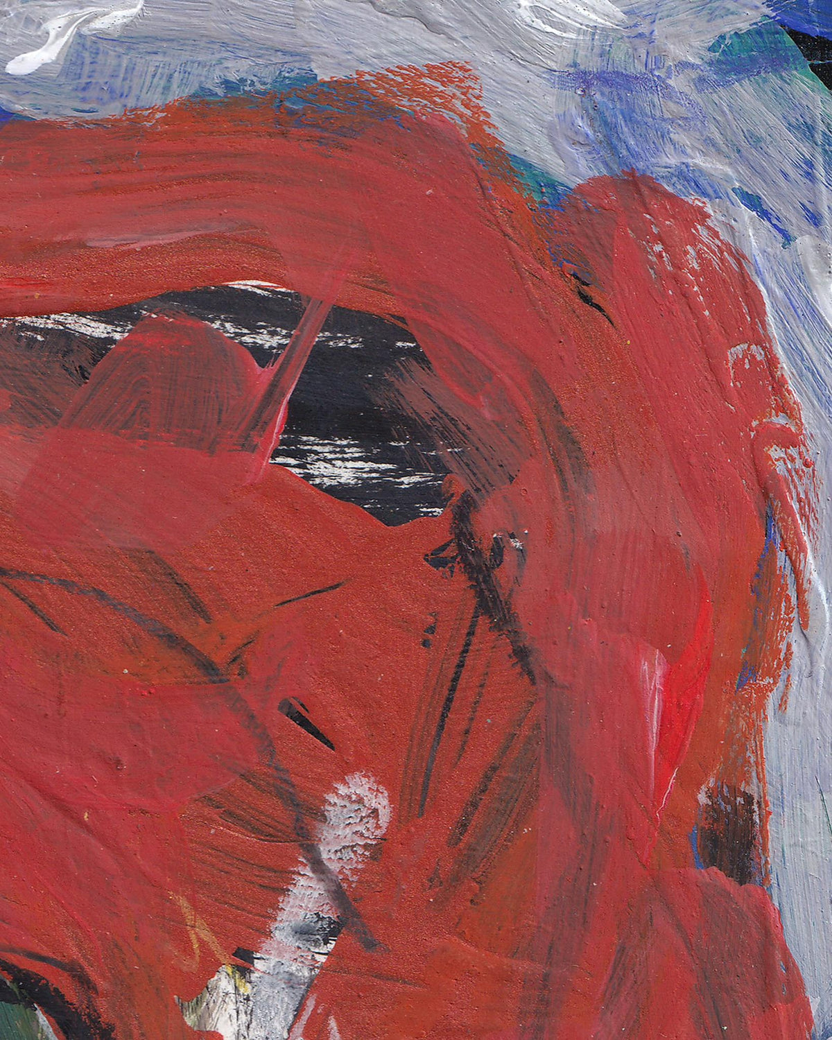 Abstract painting with red, blue, and black strokes