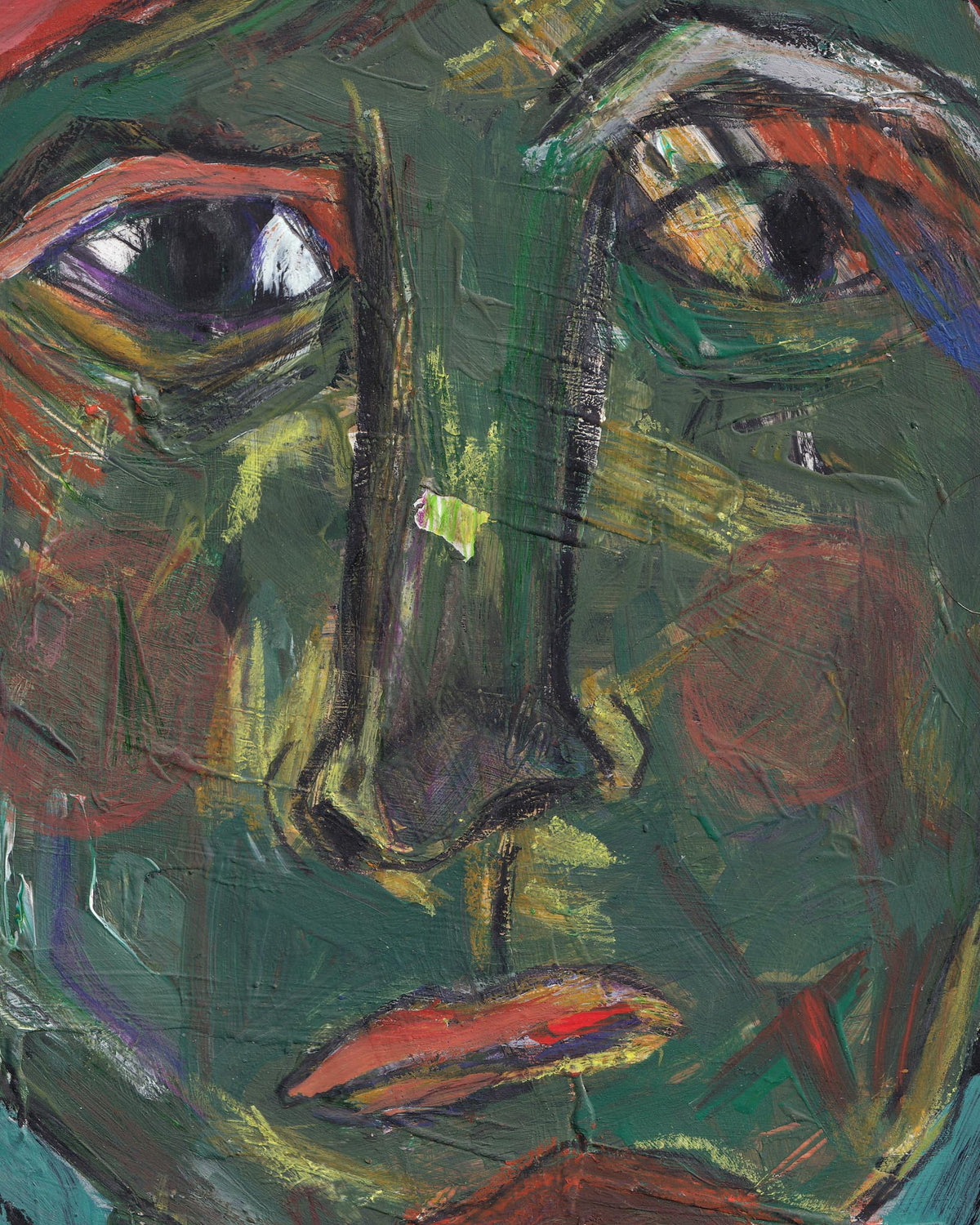 Abstract painting of a face with bold colors and brush strokes