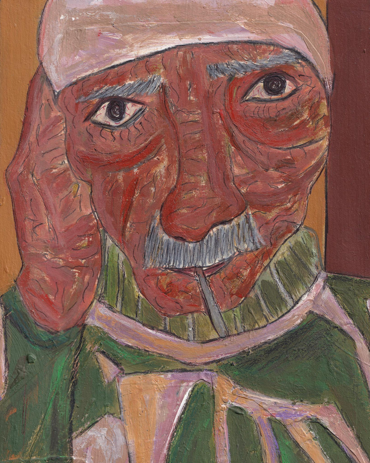 Painting of a person wearing a headscarf and green garment with a neutral background