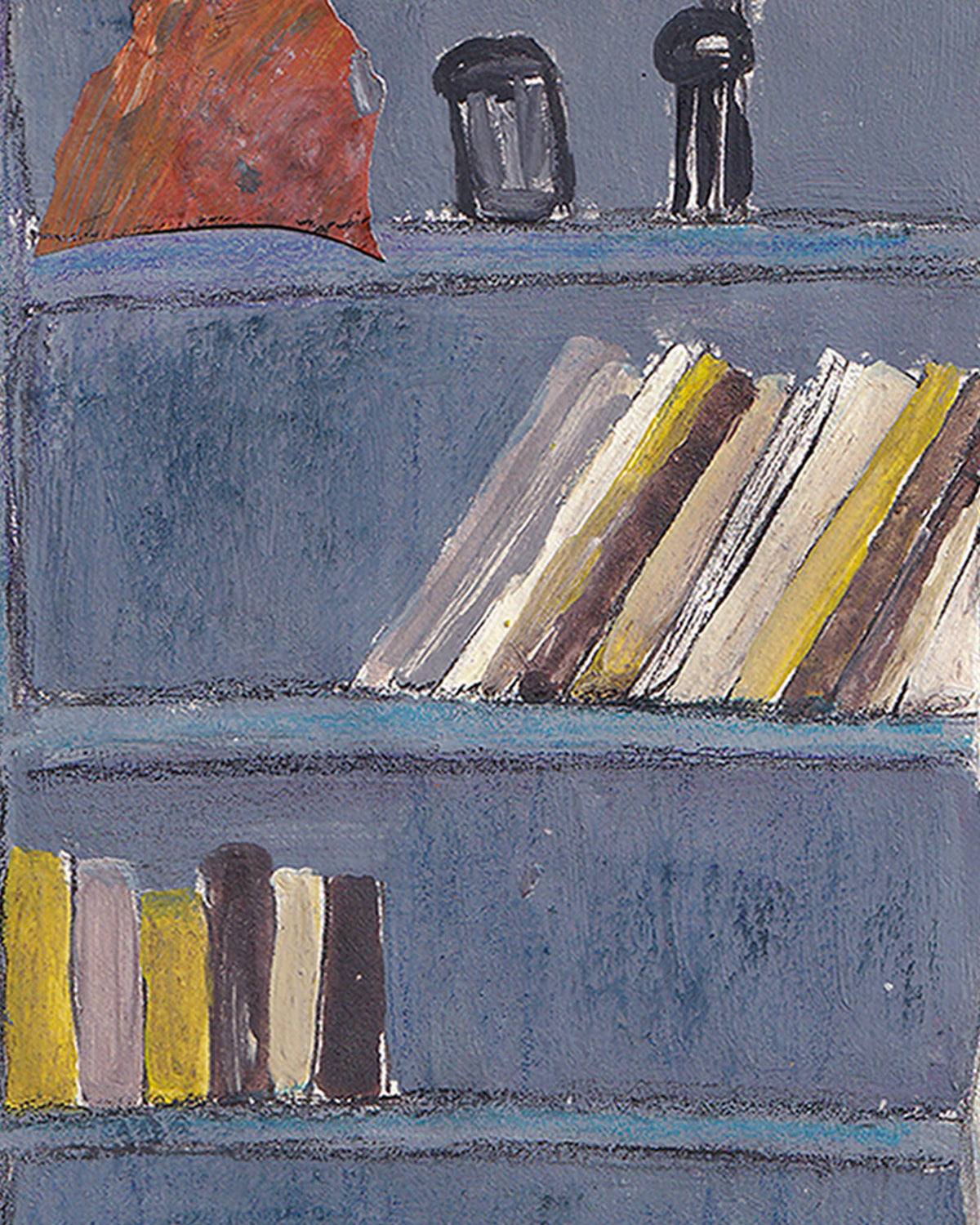 Abstract painting of books on a shelf with a blue background