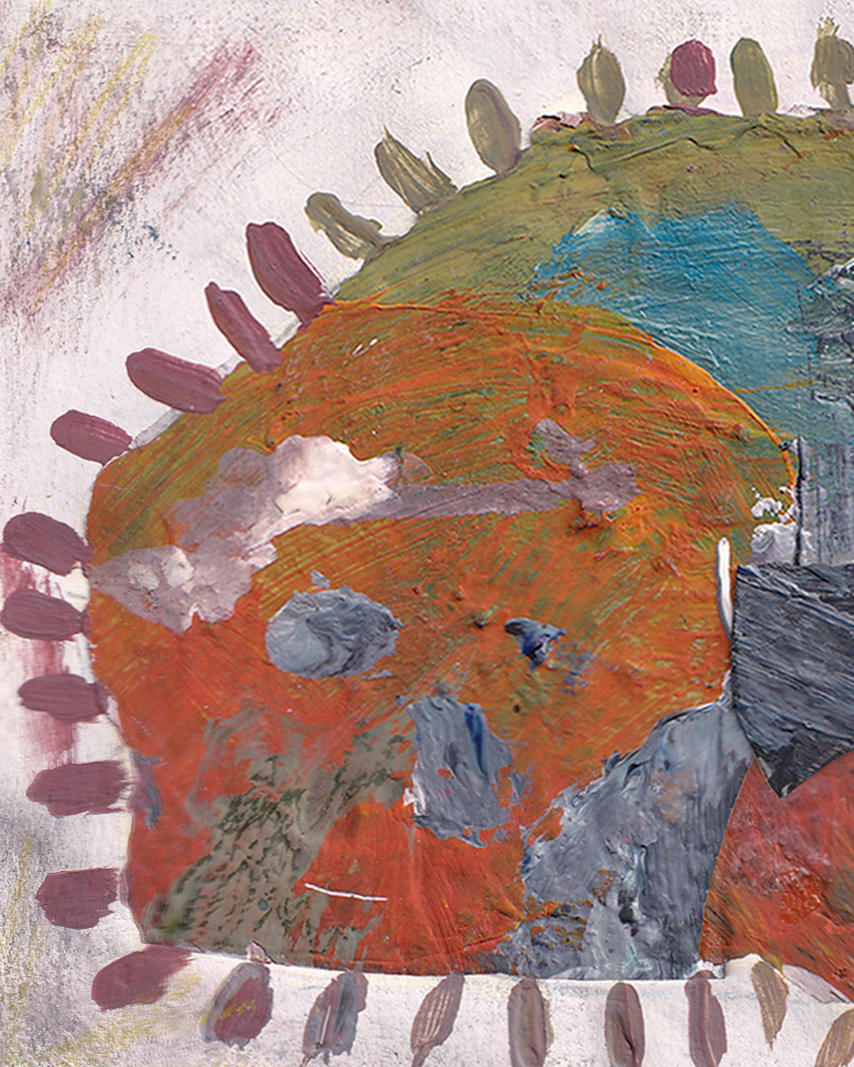 Abstract painting with a central orange circle surrounded by various colors and shapes