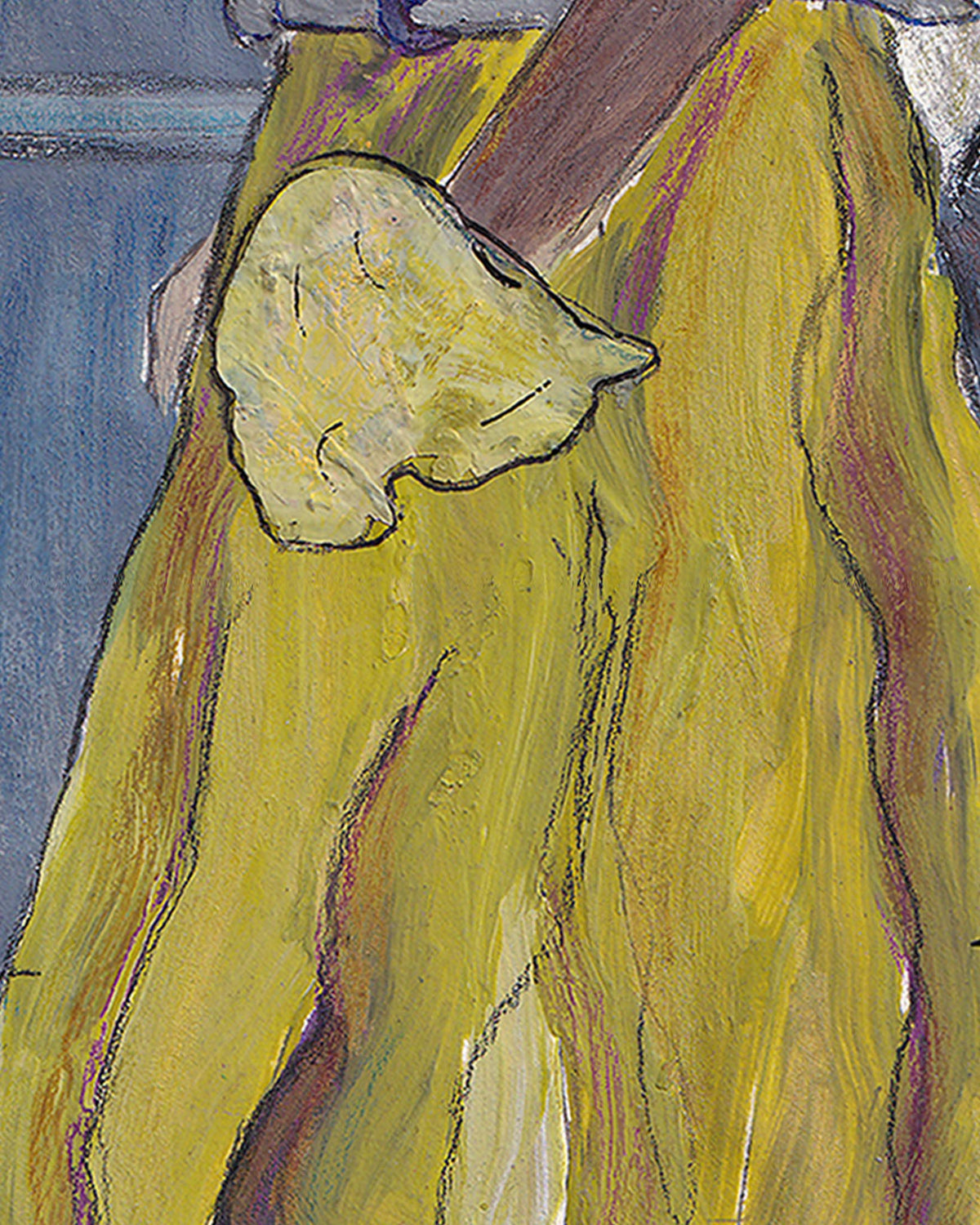Abstract painting of a face with long hair in yellow and purple tones.
