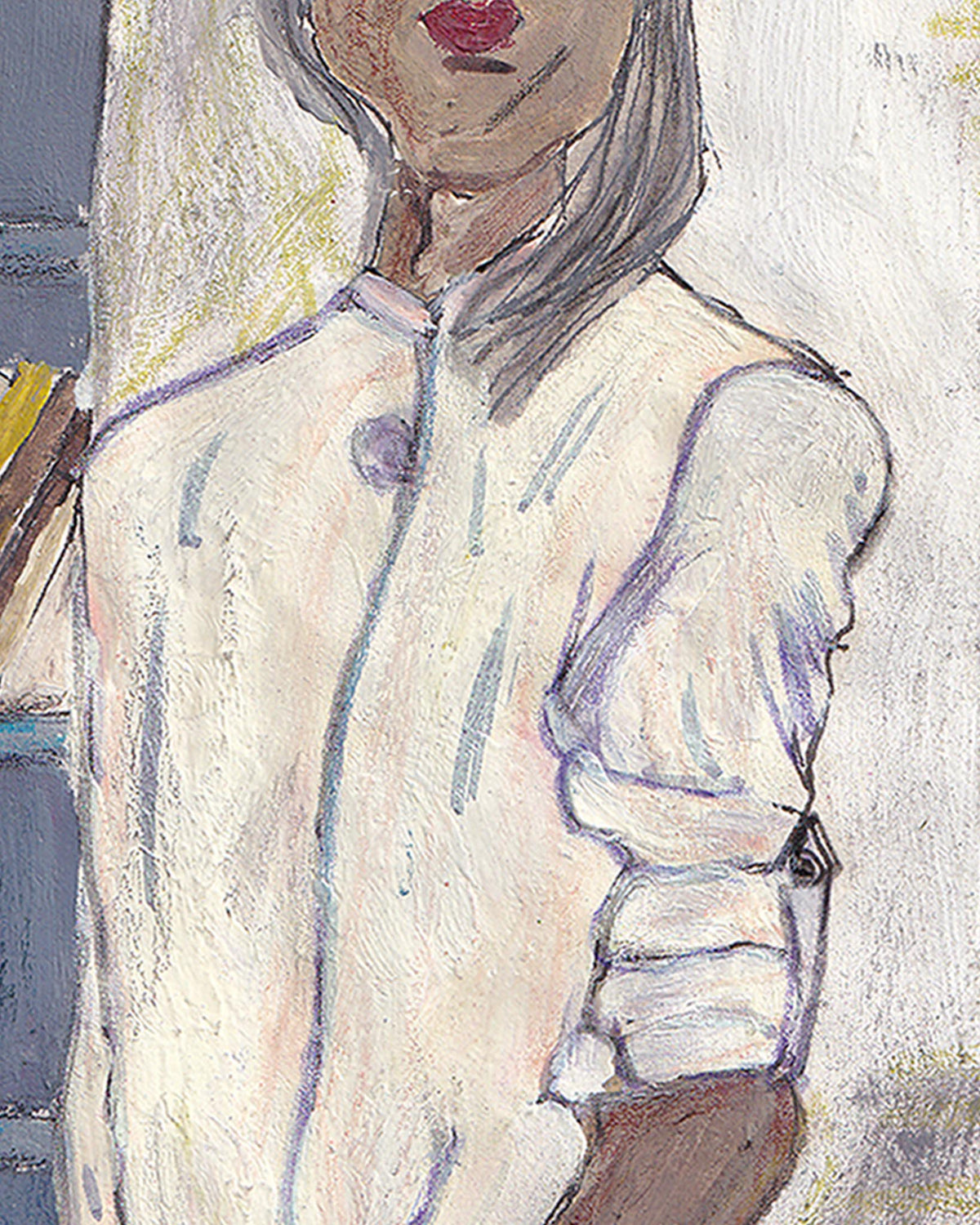 Artistic depiction of a person wearing a light-colored outfit with a blurred background