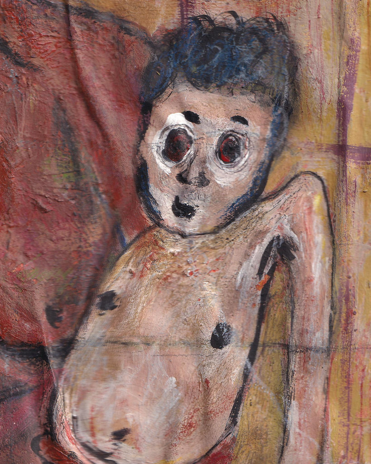Abstract painting of a figure with exaggerated features on a textured background