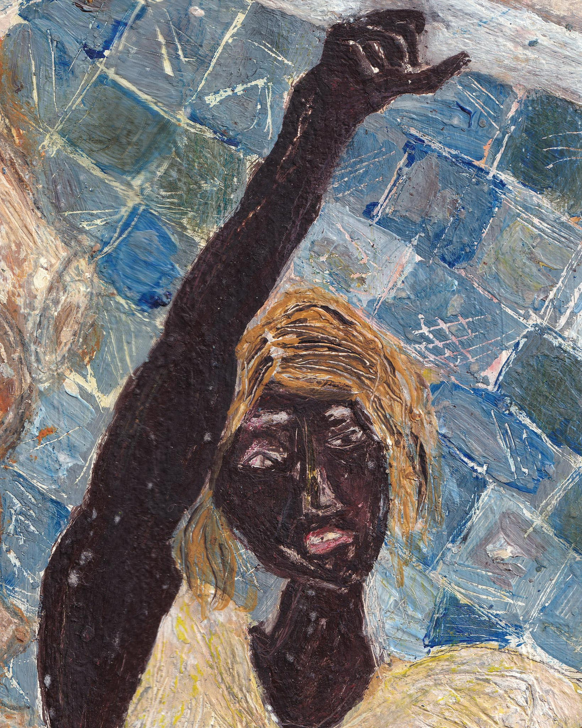 Artistic depiction of a person with an arm raised against a textured blue and gray background