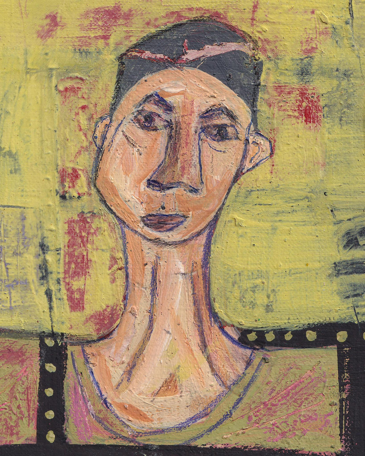 Artistic depiction of a person's neck and shoulders with a colorful abstract background
