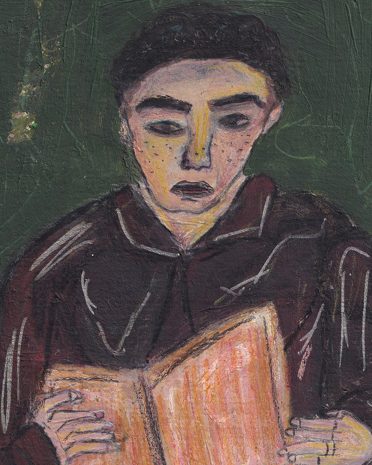 Artistic depiction of a person holding an accordion against a green background