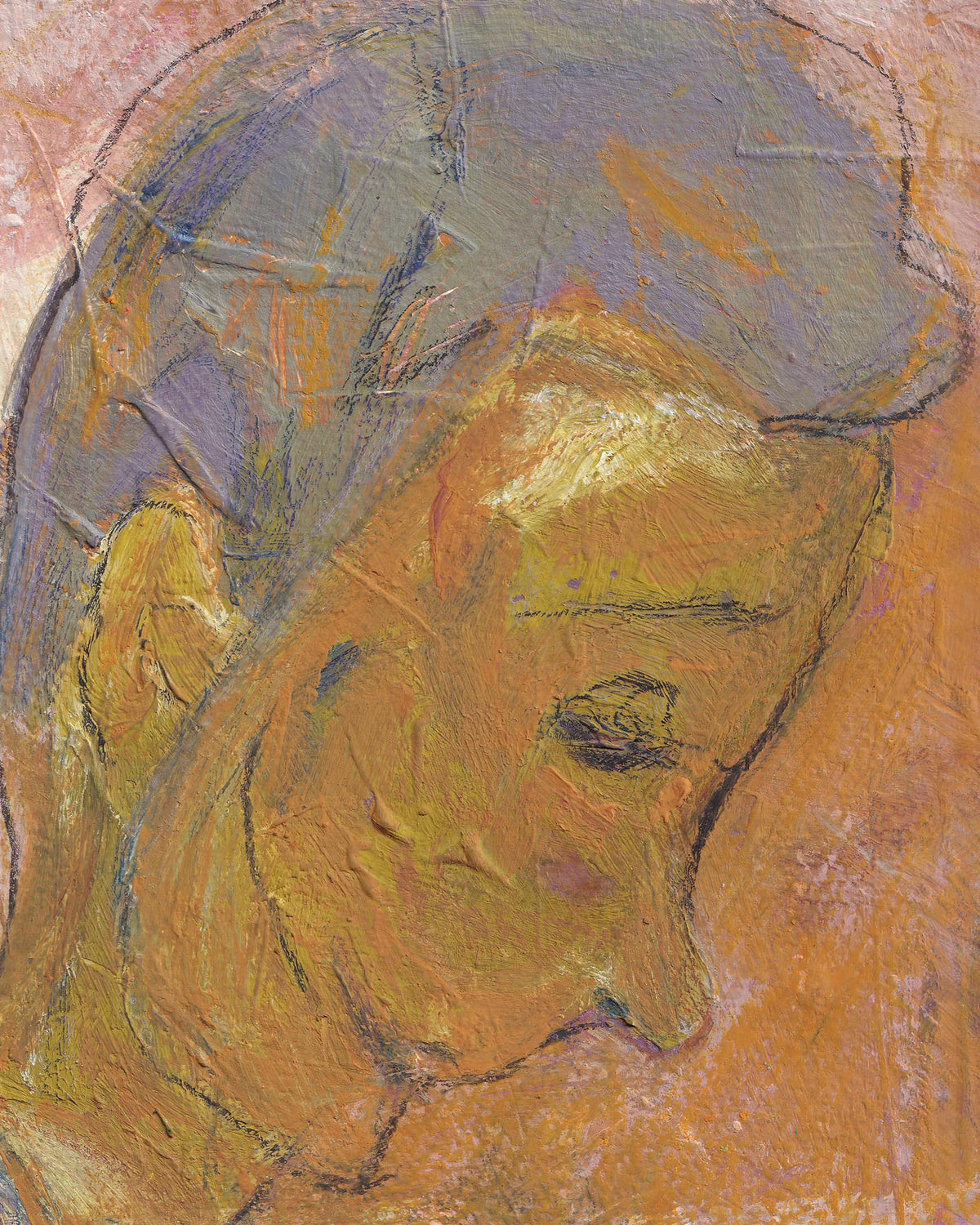 Abstract artwork with a central figure in a blue hat on an orange background