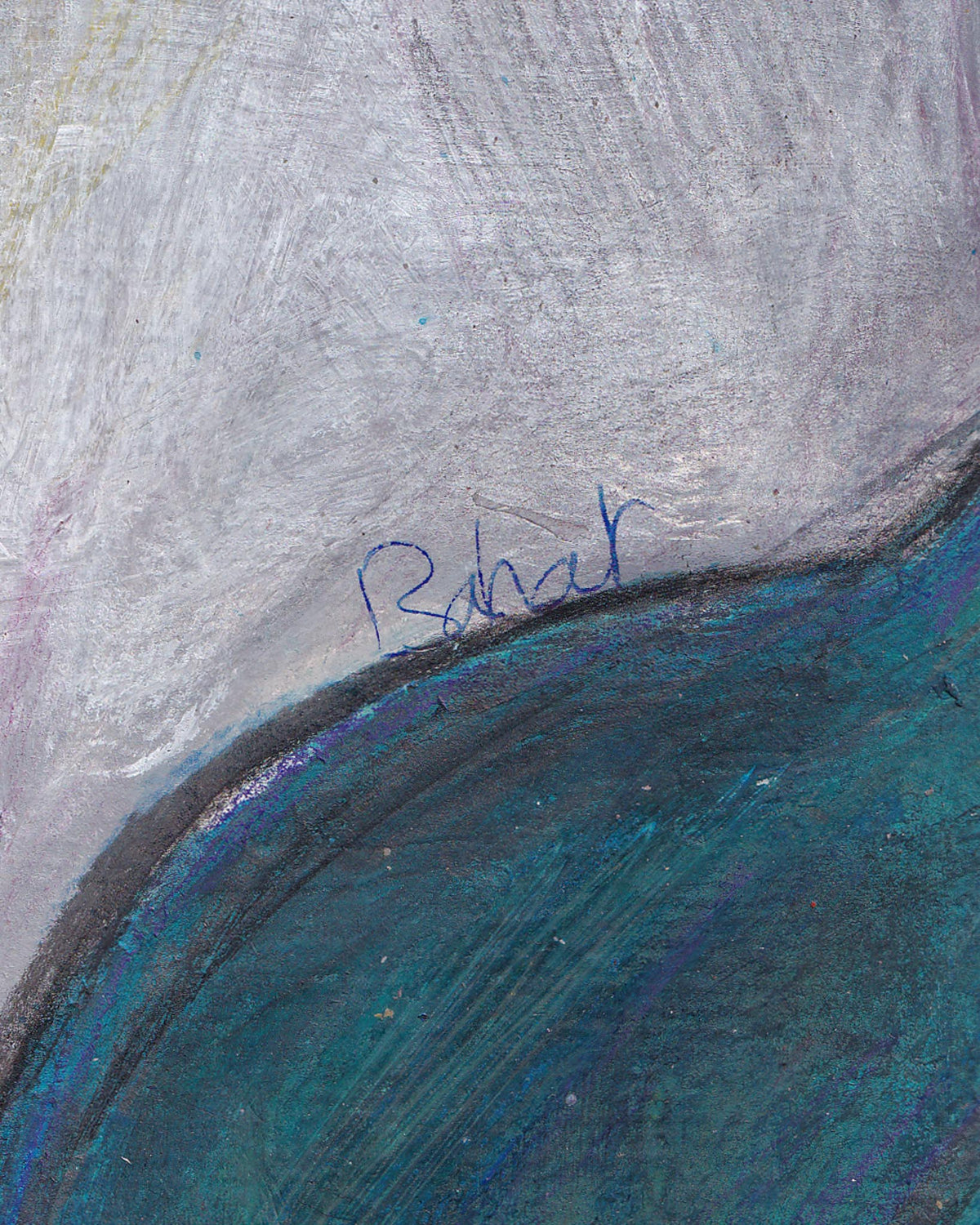 Artistic signature on a textured surface with blue and gray colors