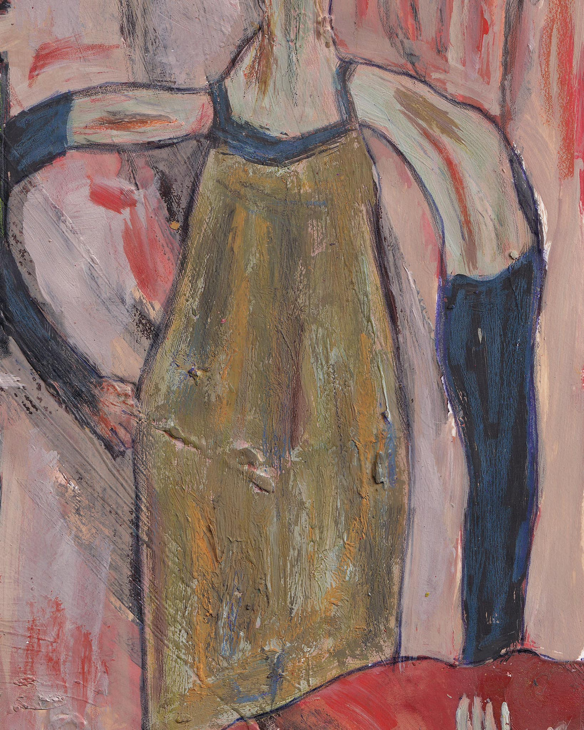 Abstract painting of a person wearing a green dress and blue pants.