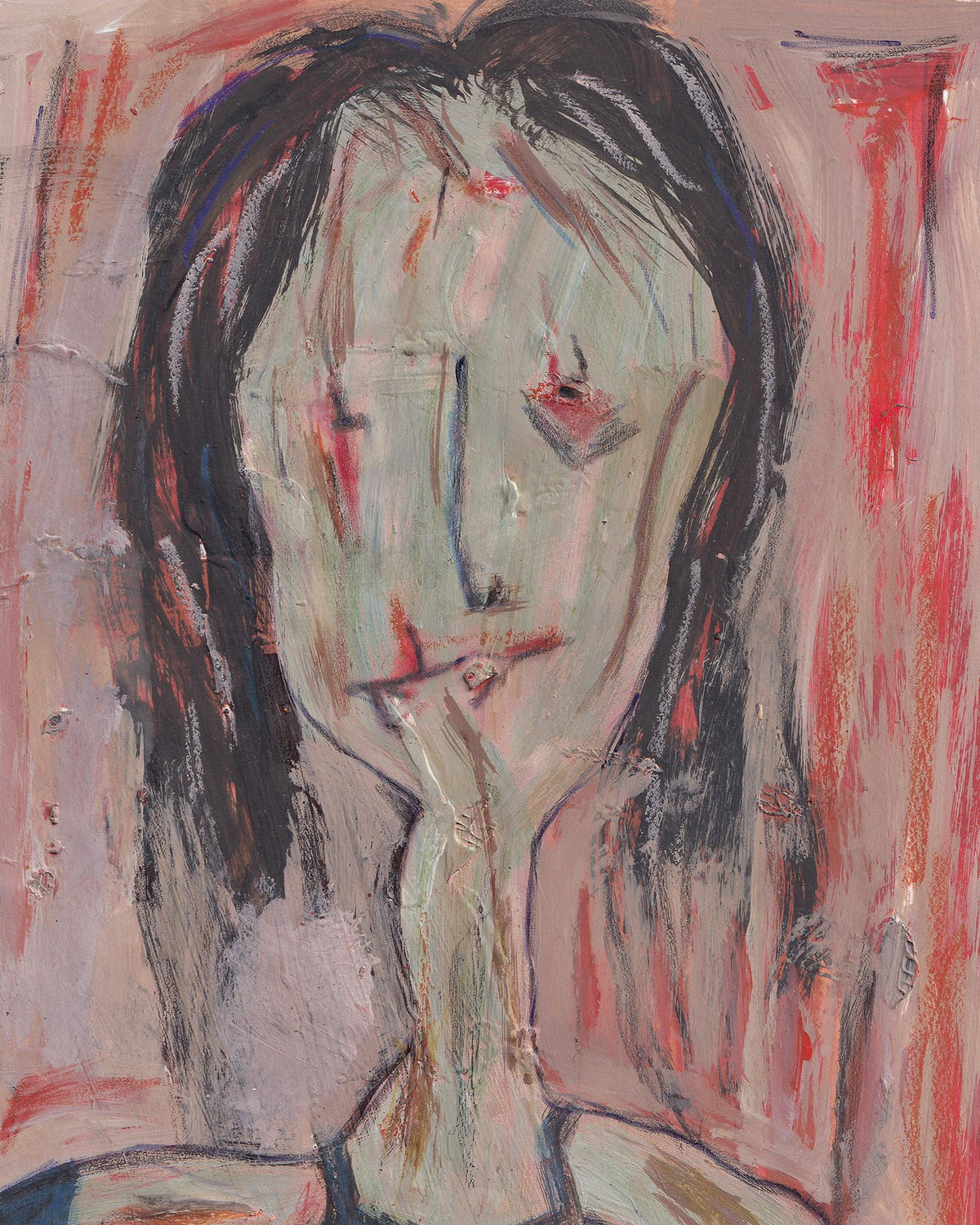 Abstract painting of a nude figure with dynamic brushstrokes in red, black, and beige.