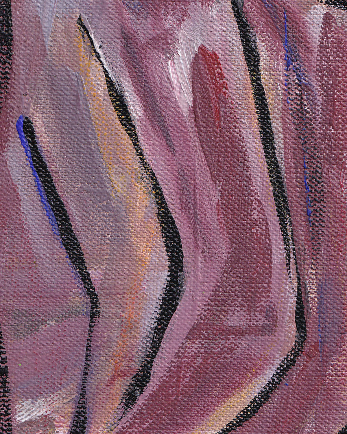 Abstract painting with pink, black, and blue colors on a textured surface