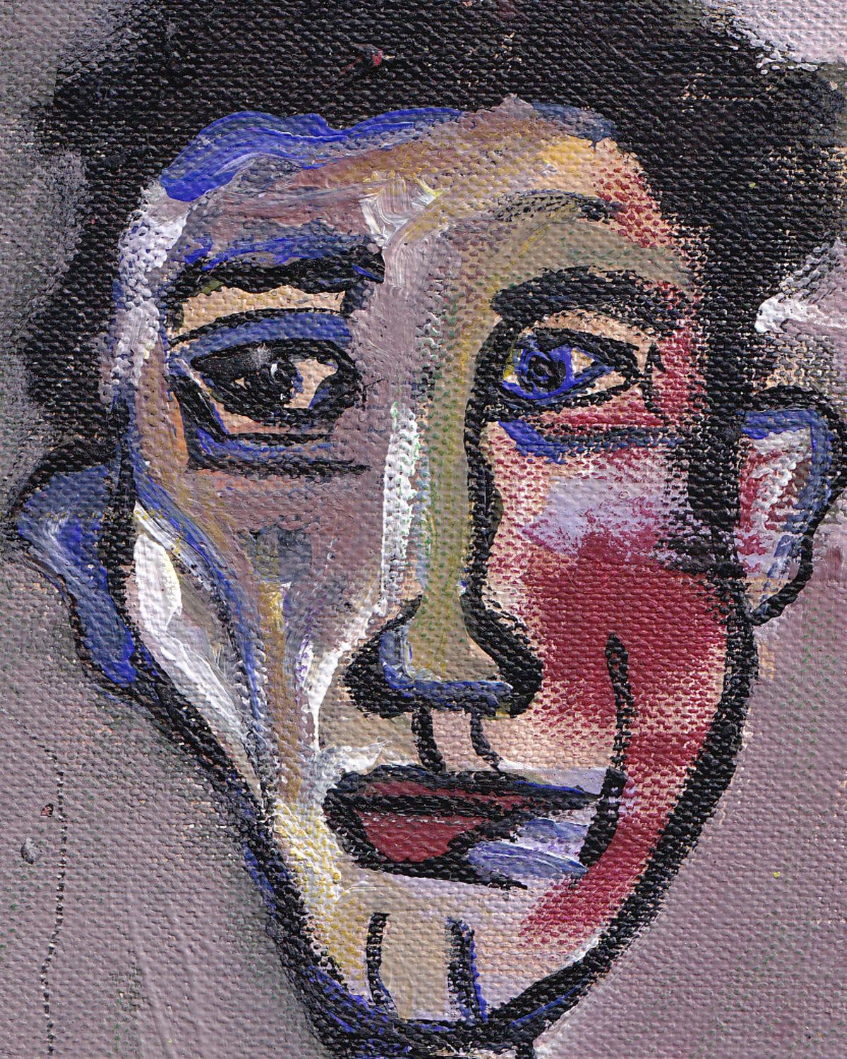 Abstract painting of a face with bold colors on a textured background