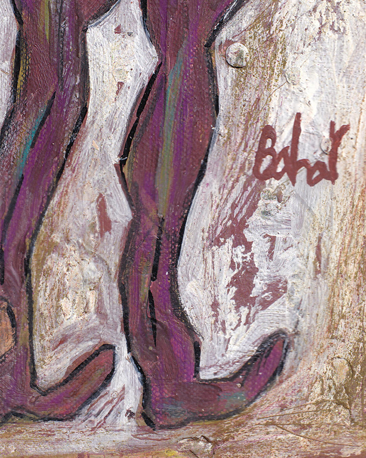 Abstract artwork with a signature in brown on a textured surface