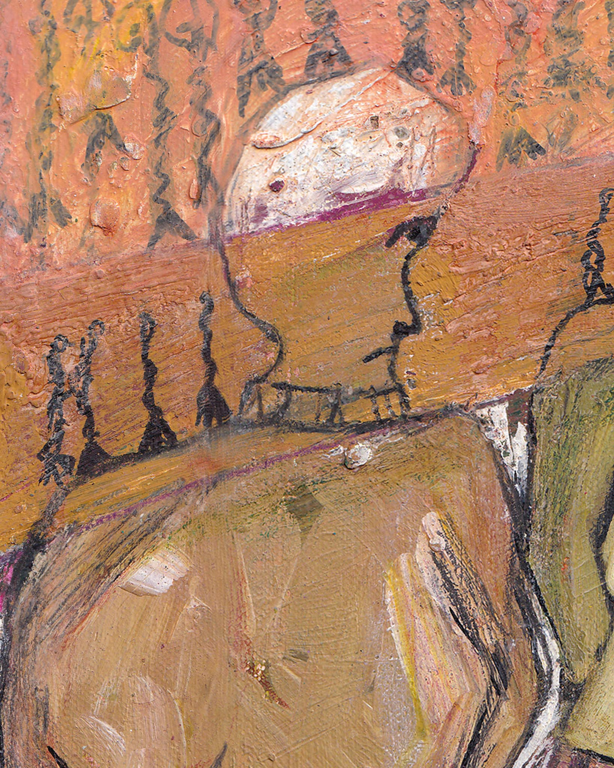 Abstract painting with earthy tones and figures on a textured surface