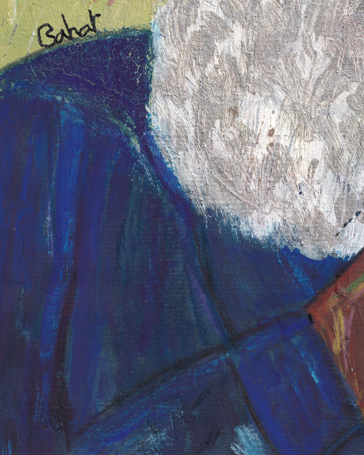 Abstract art with blue and gray tones, featuring the artist's signature.