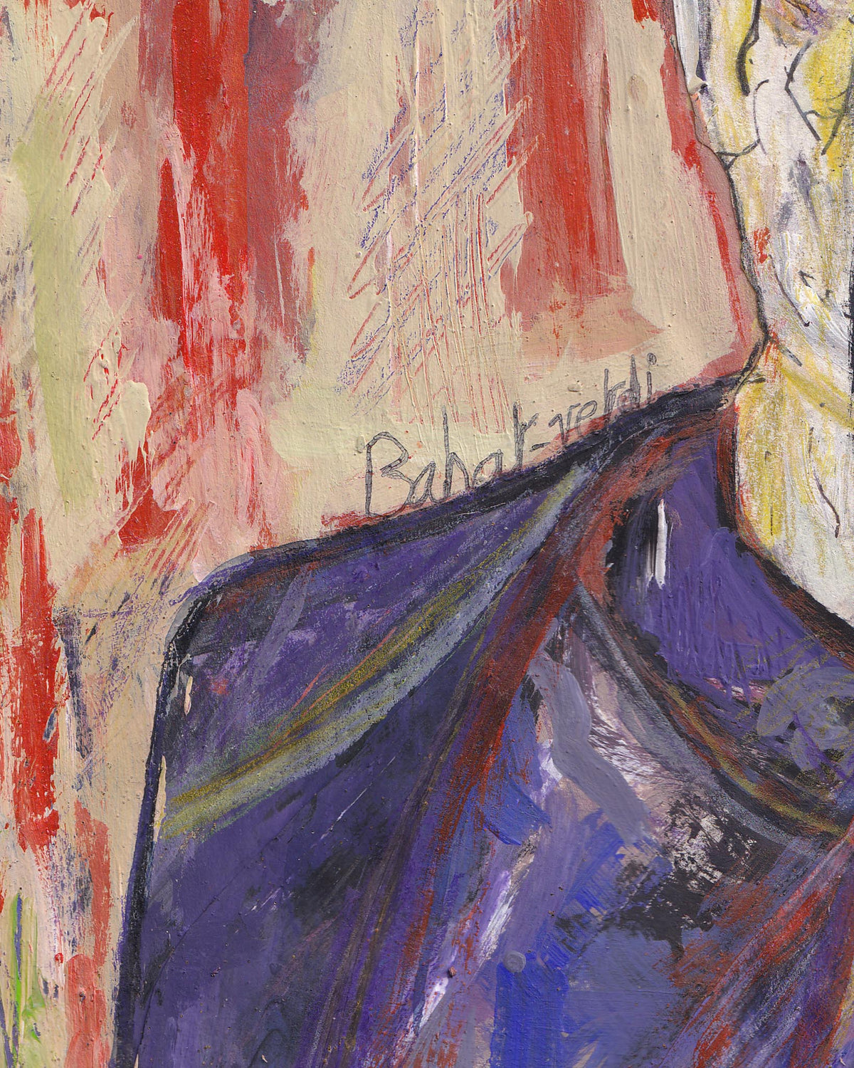 Abstract painting with colorful brush strokes and a signature in the center.