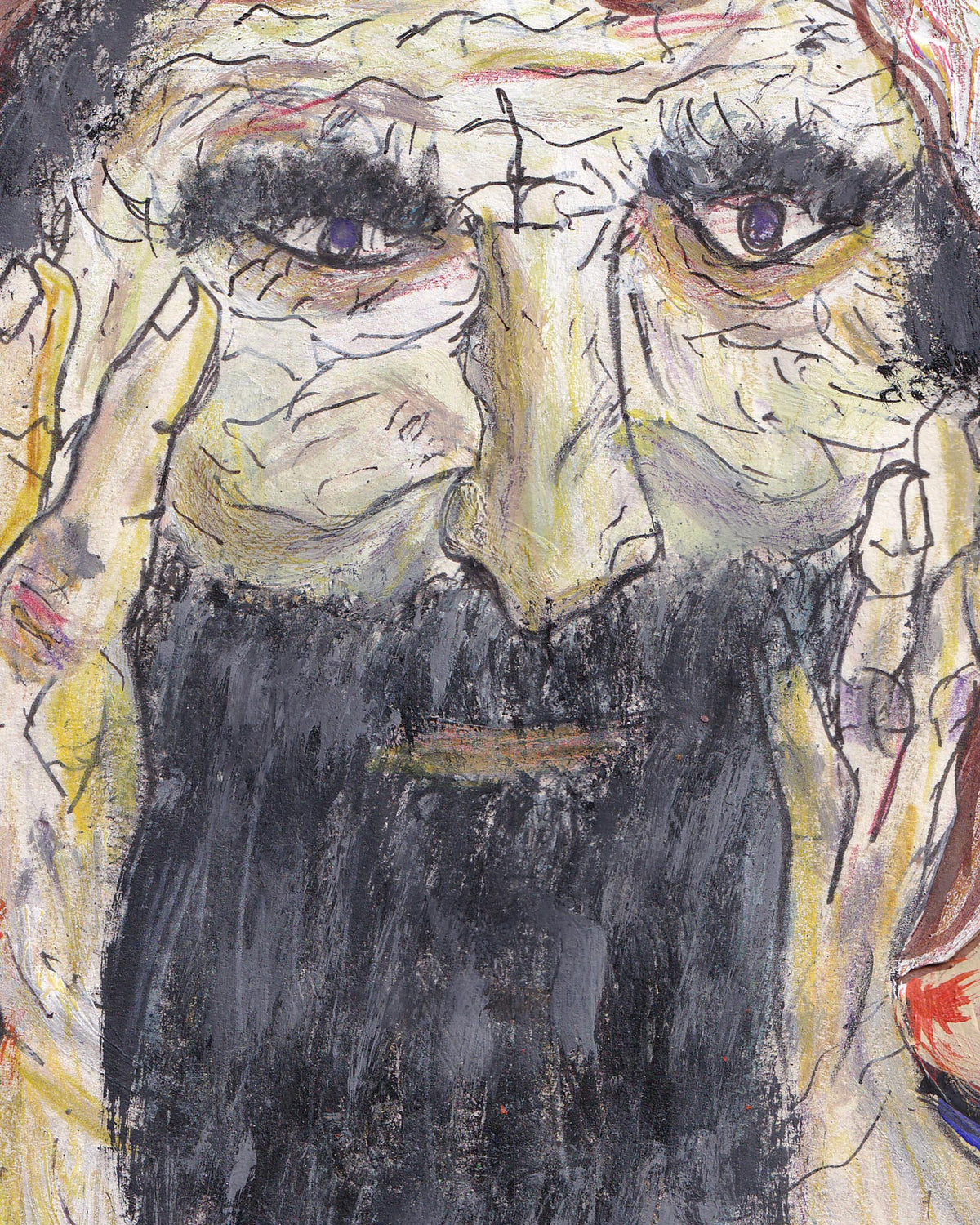 Artistic depiction of a face with a beard, using a limited color palette.