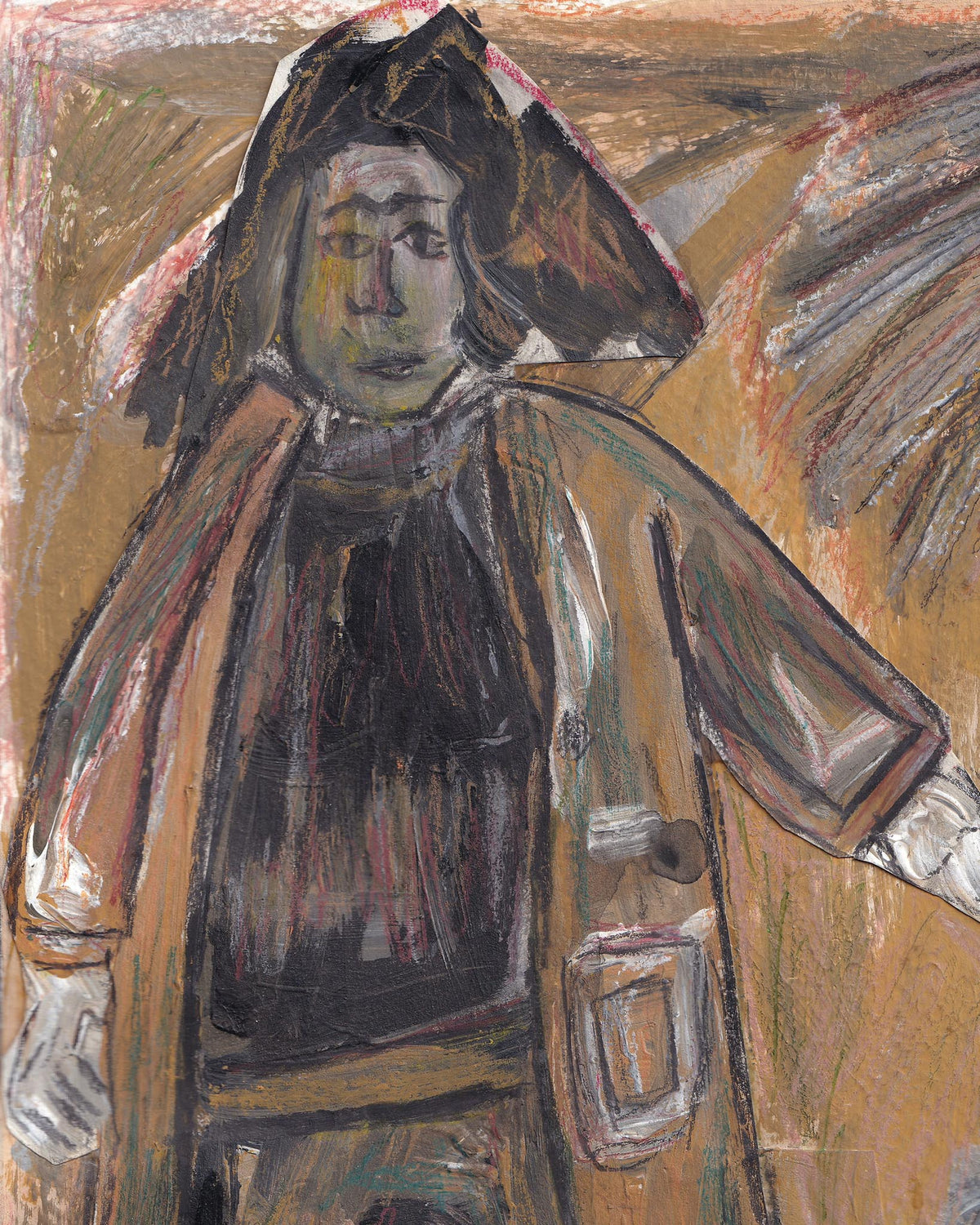 Painting of a person wearing a hooded coat with a neutral background