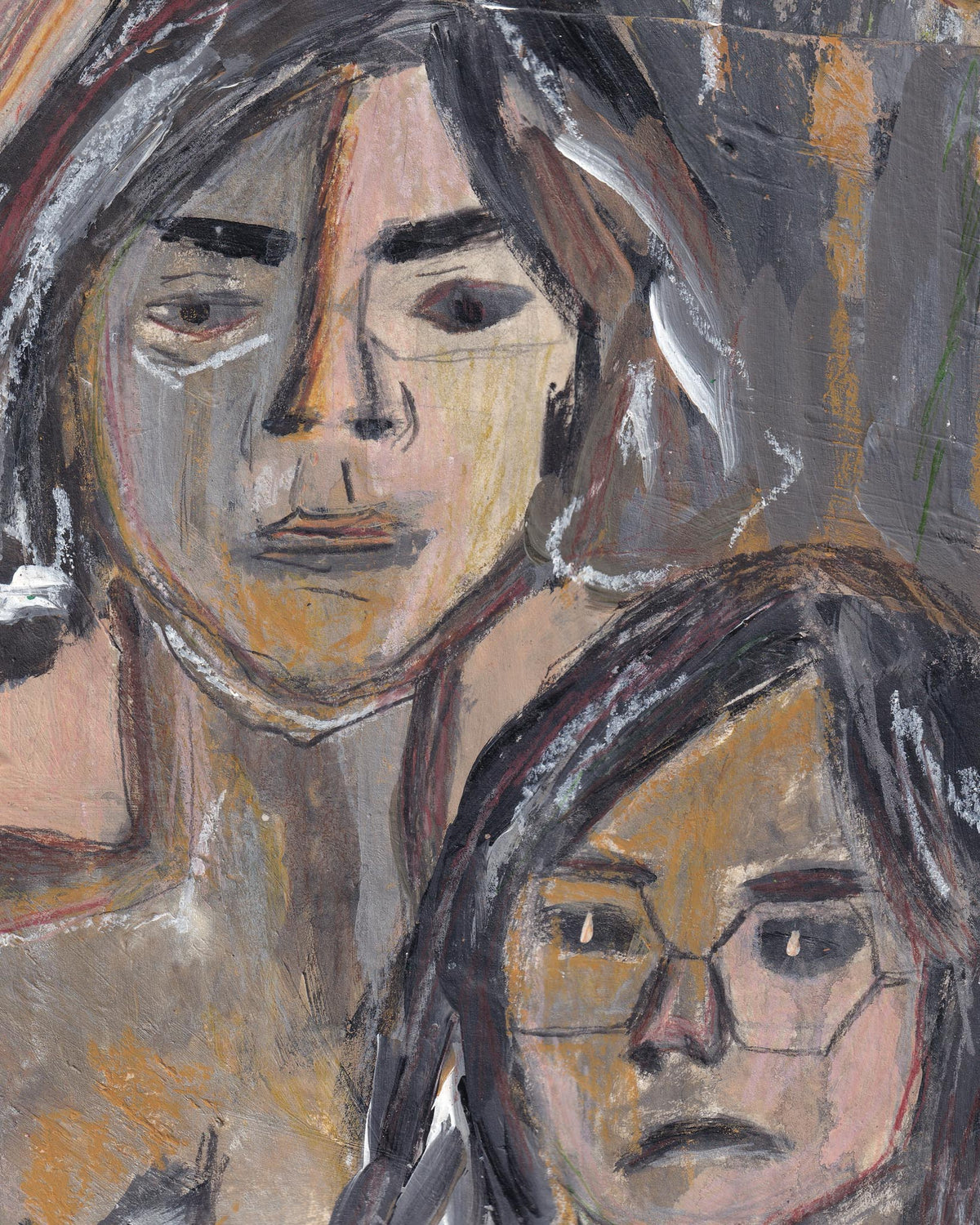 Two stylized faces with minimalistic features, painted in a monochromatic color scheme.