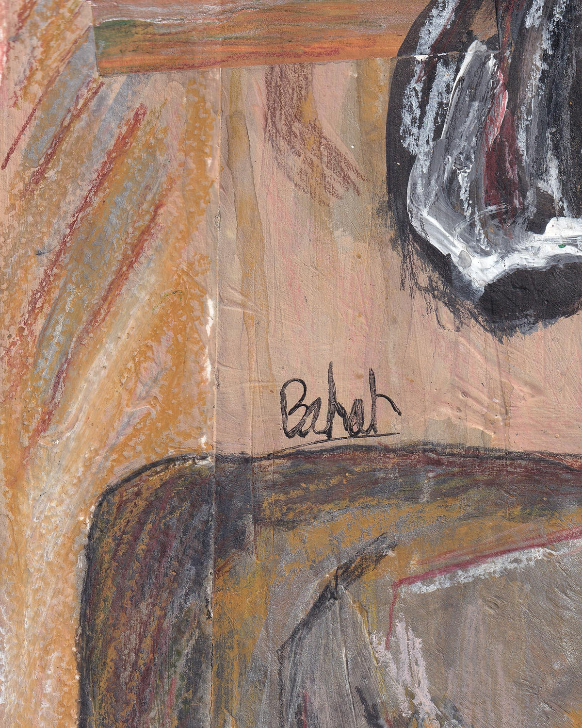 Artistic signature on a textured surface with abstract patterns