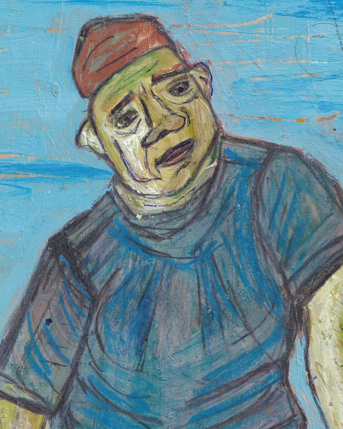 Painting of a person wearing a red cap and blue shirt with a blue background