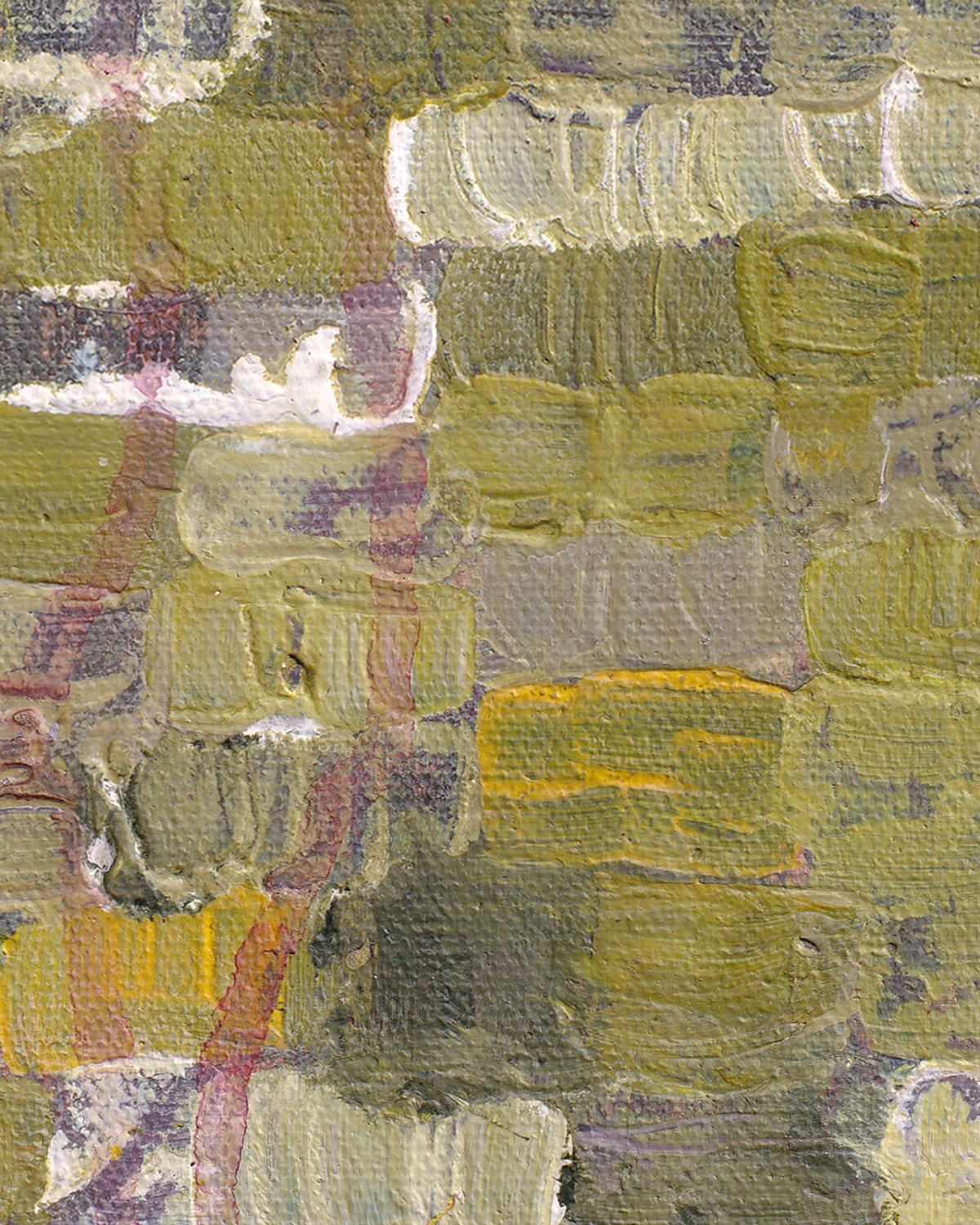 Abstract art with textured brushstrokes in green, yellow, and purple.