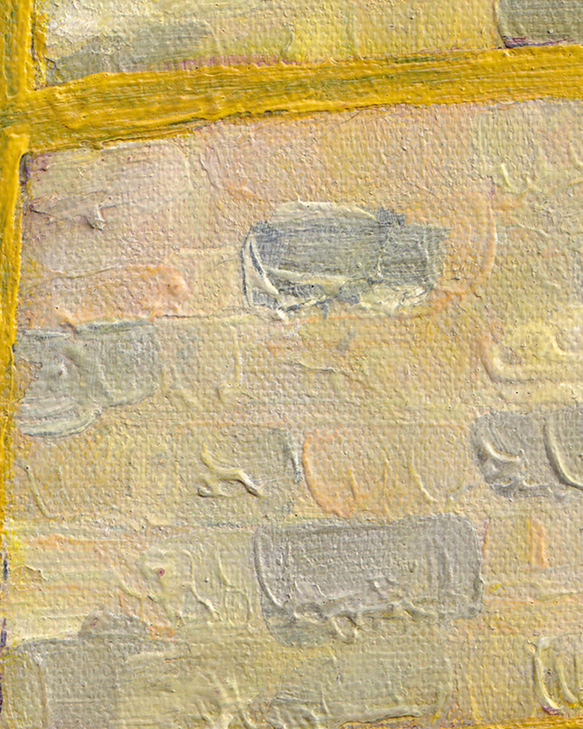 Abstract art with textured brushstrokes in yellow, gray, and white.