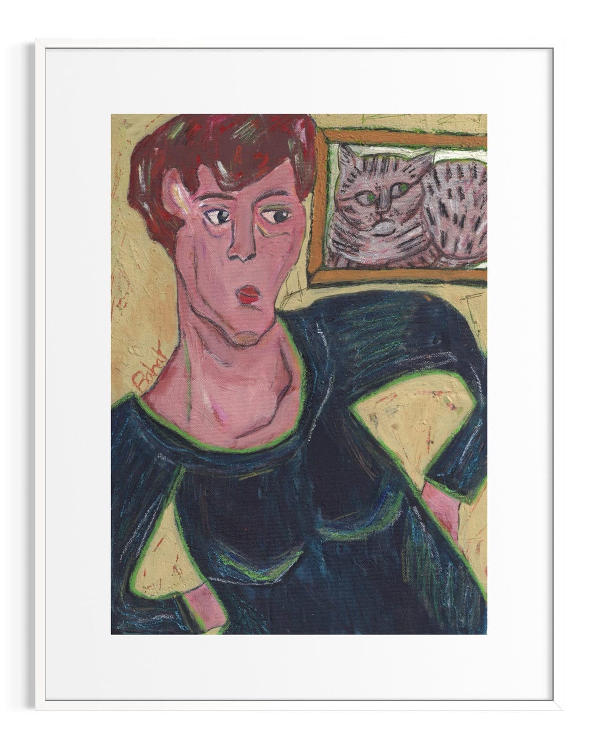 Artistic depiction of a person with a cat in the background, framed in white.