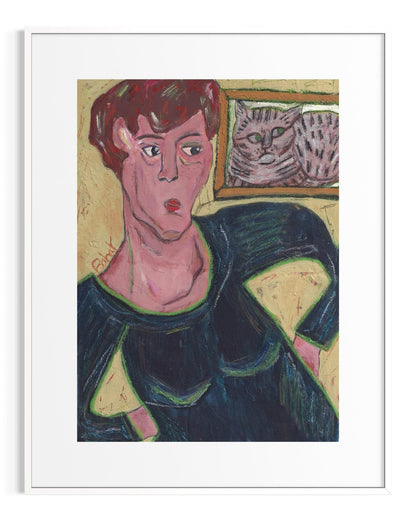 Artistic depiction of a person with a cat in the background, framed in white.