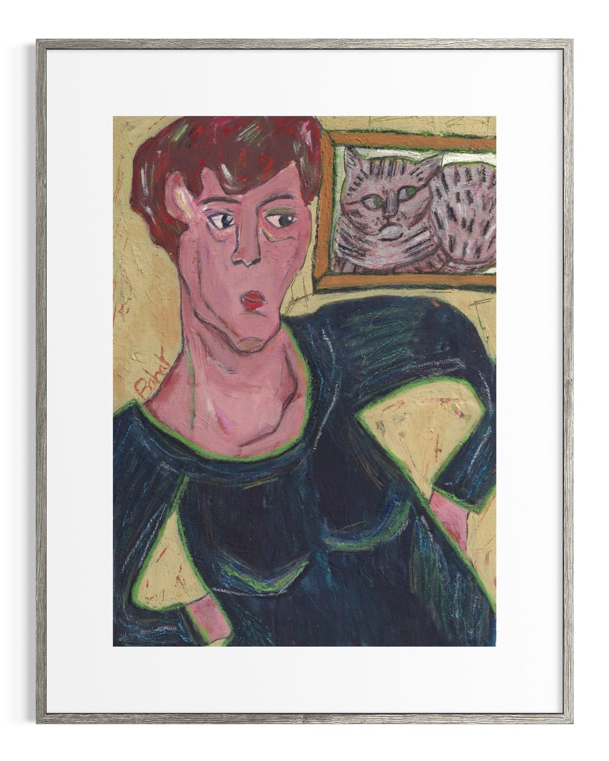 Framed artwork of a stylized portrait with a cat in the background