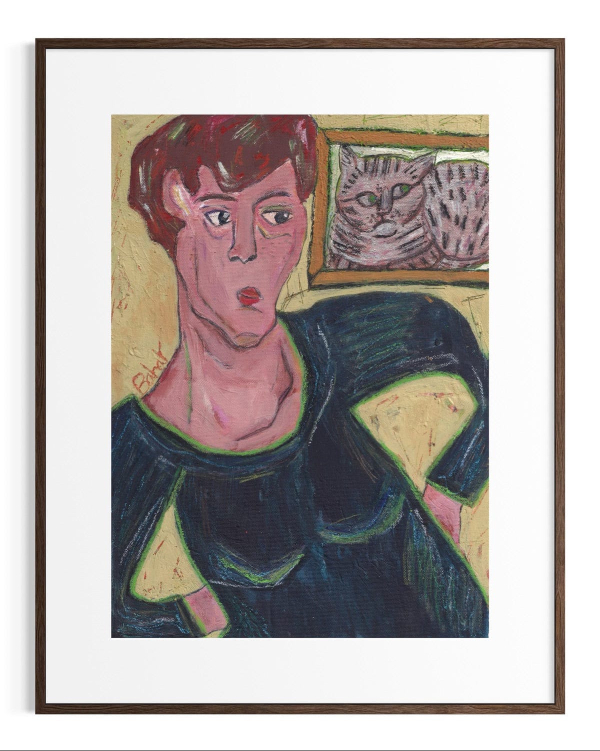 Framed artwork of a stylized portrait with a cat in the background