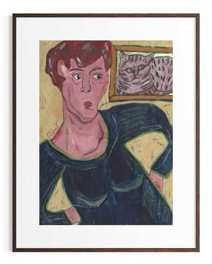 Framed artwork of a stylized portrait with a cat in the background