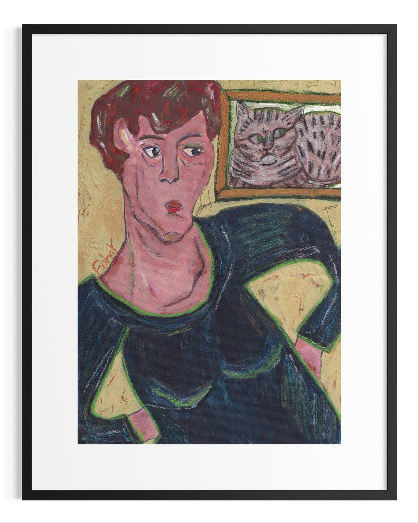 Framed artwork of a stylized portrait with a cat illustration in the background.