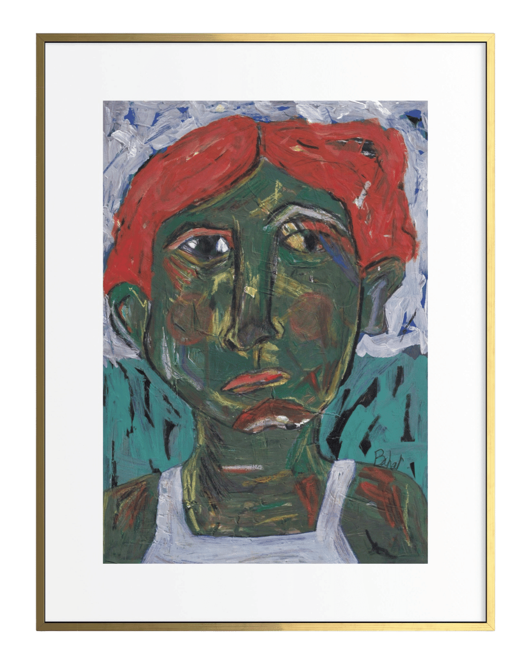 Framed artwork of a stylized portrait with a red headscarf and green face.