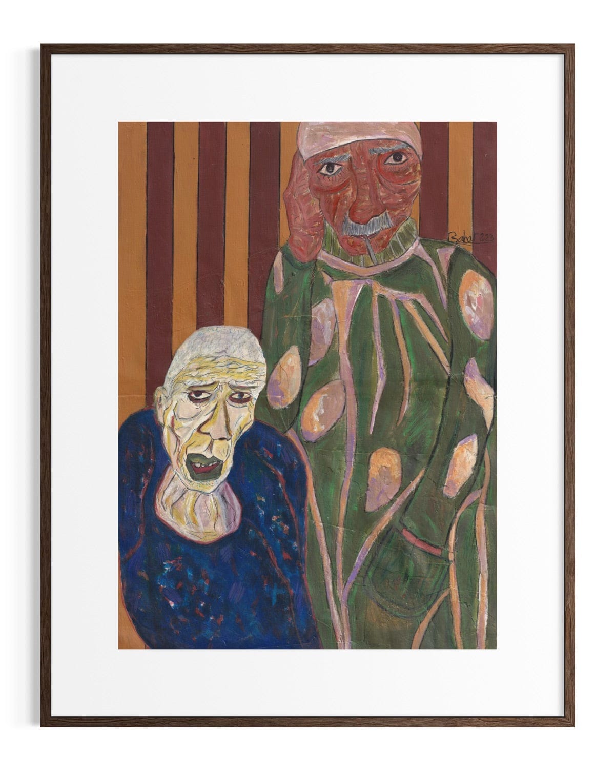 Framed artwork of two stylized figures with a striped background