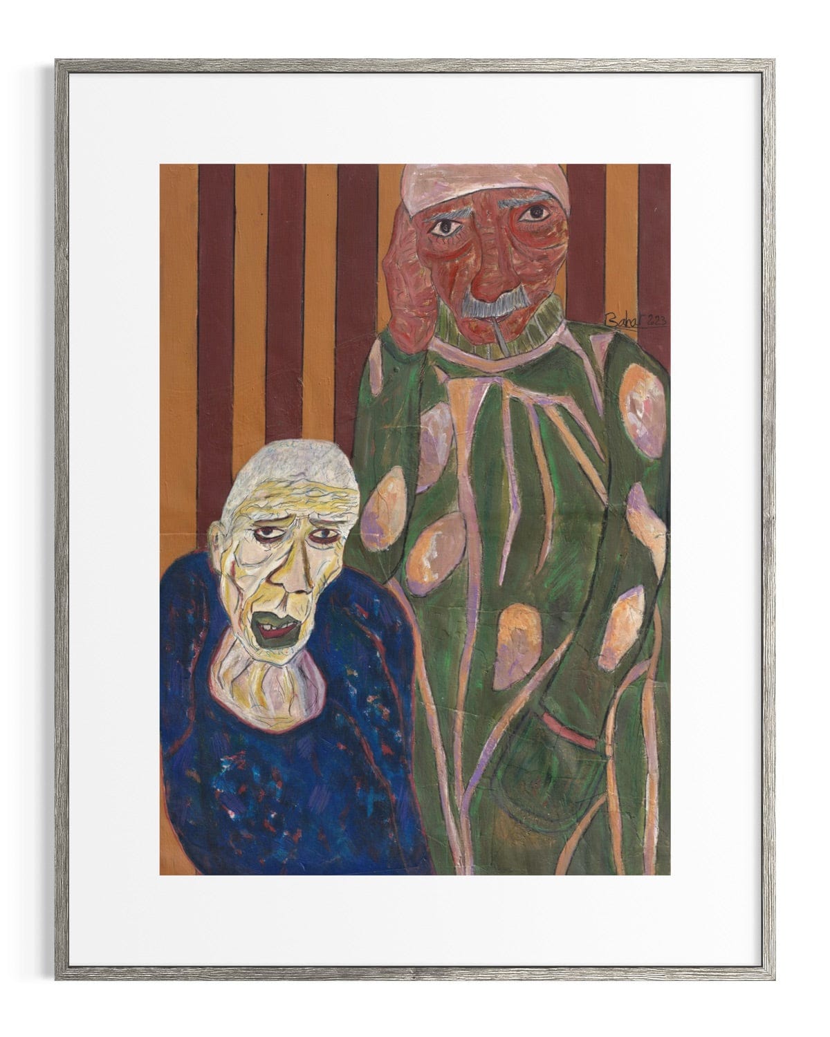 Framed artwork of two stylized figures with a striped background
