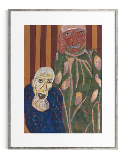 Framed artwork of two stylized figures with a striped background