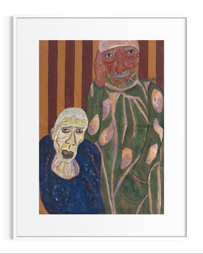 Framed artwork of two stylized figures with a striped background