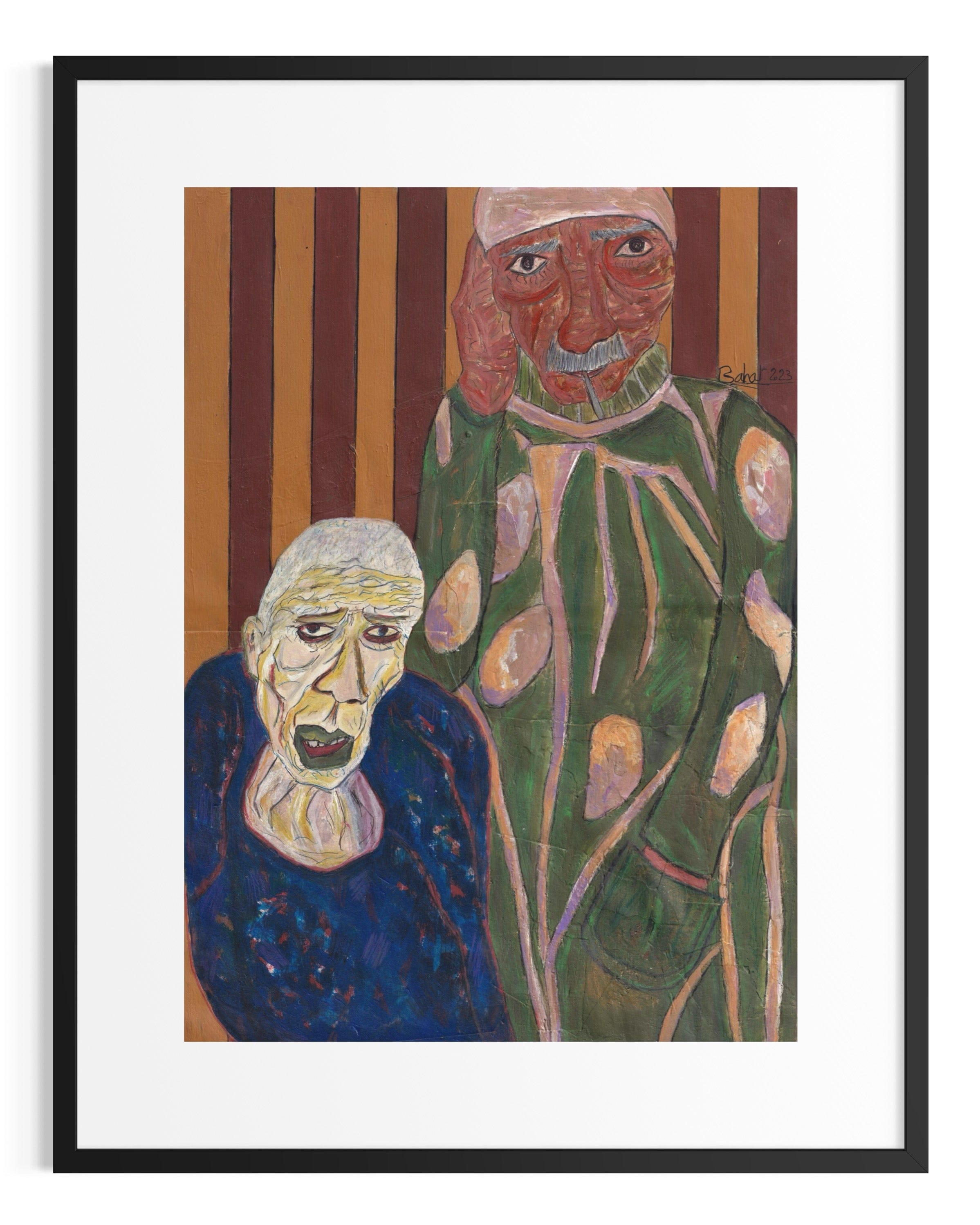 Framed artwork of two stylized figures against a striped background