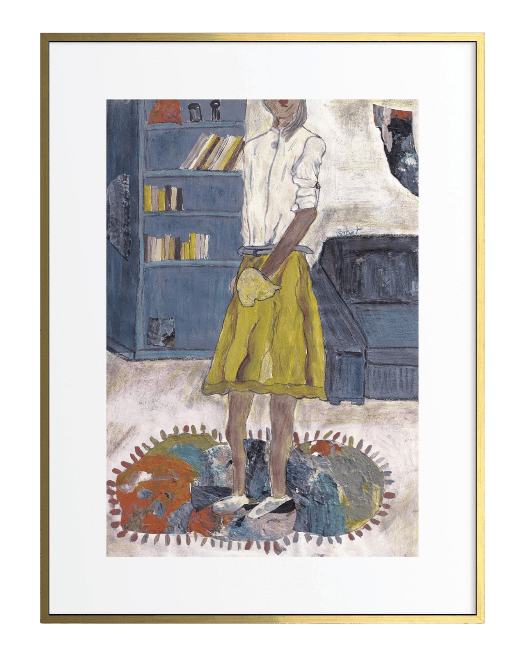 Framed artwork of a person in a yellow skirt standing in a room with books and furniture.