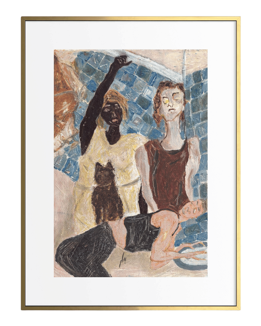 Framed artwork of two figures with a cat against a mosaic background